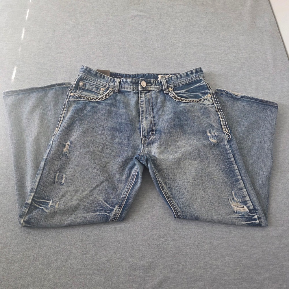 GS115 Melrose Mens Slim Fit Distressed Embroidered Flap Pocket Blue Jeans 38
